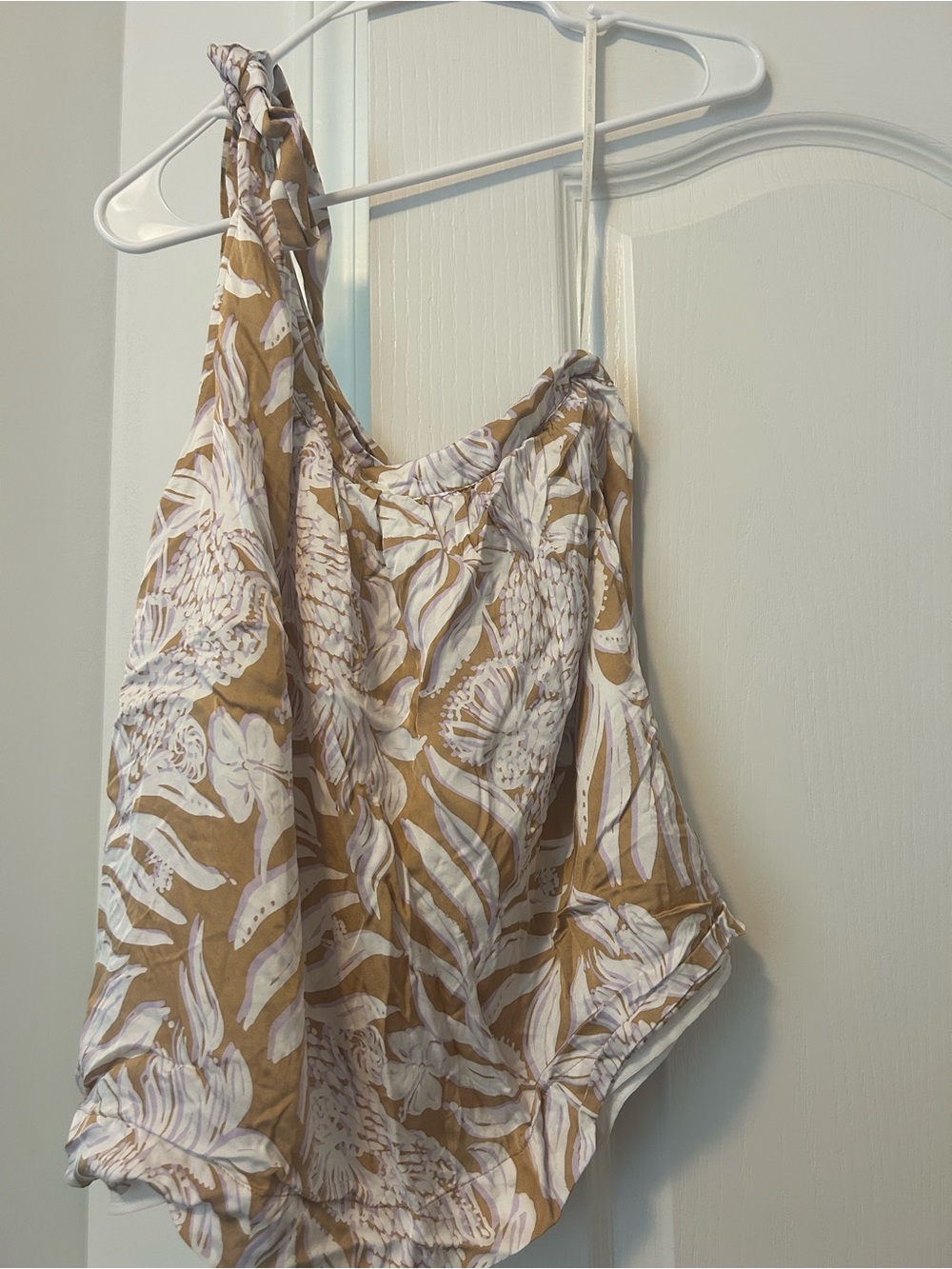 Lilly Pulitzer Tan and White Tropical Print One-Shoulder Top